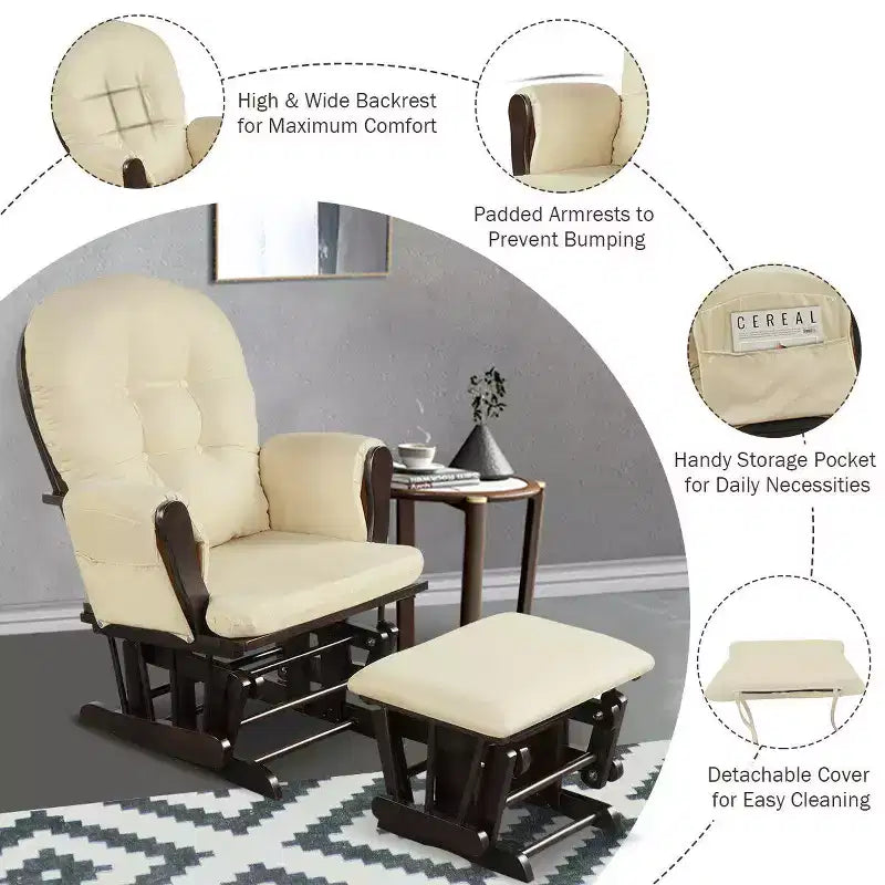Costway Ensemble de Coussins pour Fauteuil à Bascule et Repose-Pieds, Bois, Chambre de Bébé, Beige/Marron/Gris Foncé/Gris Clair/Rose/Gris