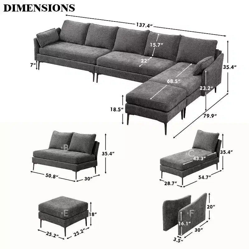 EROMMY Canapé d'angle en U, Canapé d'angle modulable en chenille avec pouf pour salon, Gris