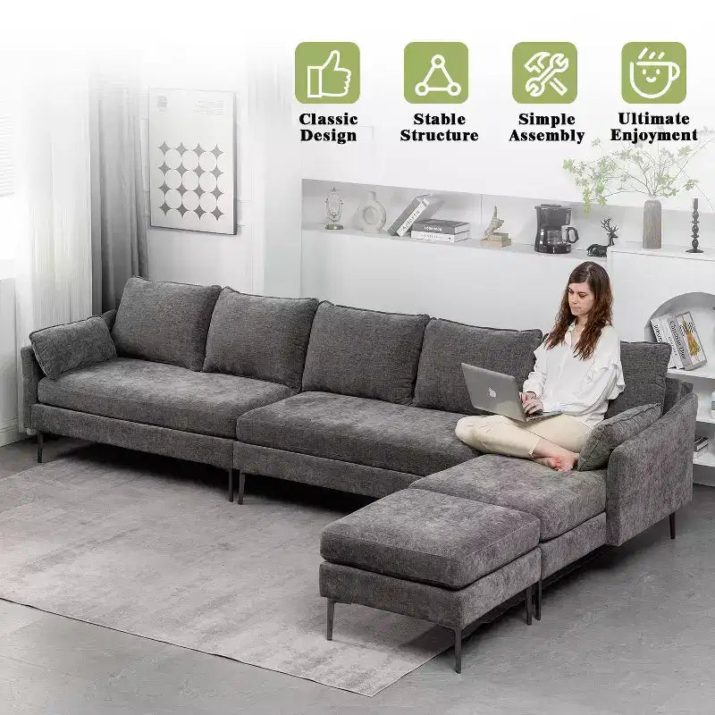 EROMMY Canapé d'angle en U, Canapé d'angle modulable en chenille avec pouf pour salon, Gris