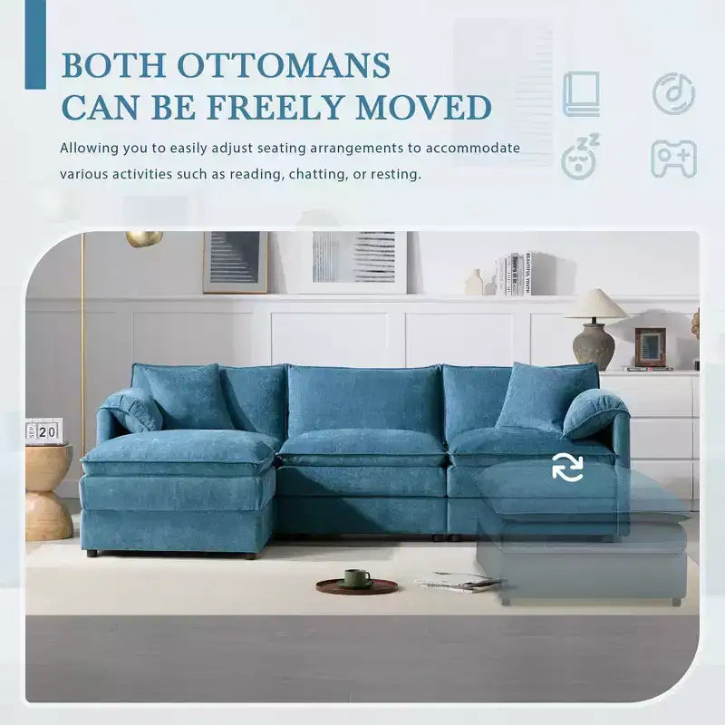 Canapé sectionnel modulaire surdimensionné en chenille Whisen Modern Design, 4 places avec double coussin et poufs mobiles