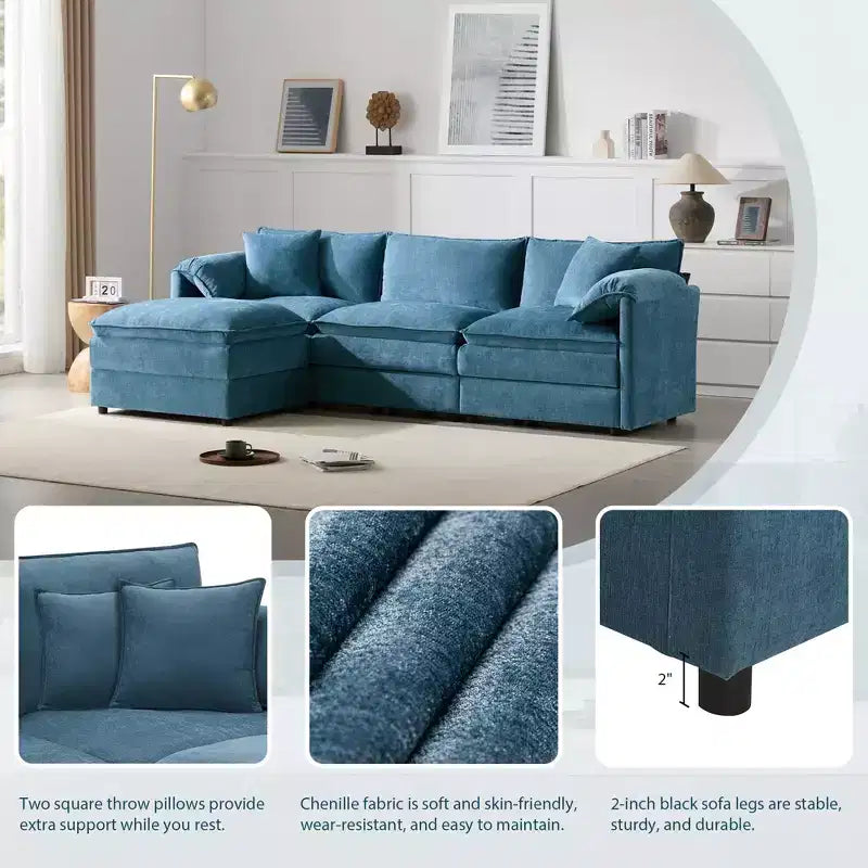 Canapé sectionnel modulaire surdimensionné en chenille Whisen Modern Design, 4 places avec double coussin et poufs mobiles