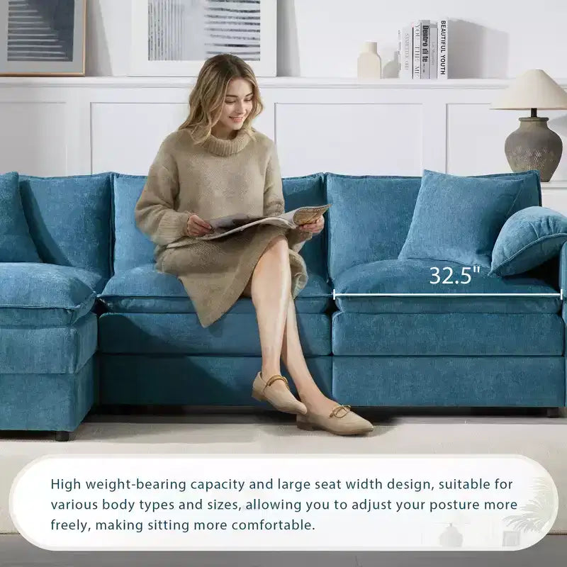 Canapé sectionnel modulaire surdimensionné en chenille Whisen Modern Design, 4 places avec double coussin et poufs mobiles