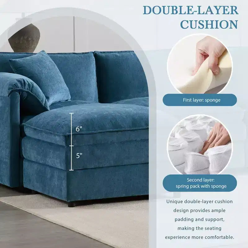 Canapé sectionnel modulaire surdimensionné en chenille Whisen Modern Design, 4 places avec double coussin et poufs mobiles