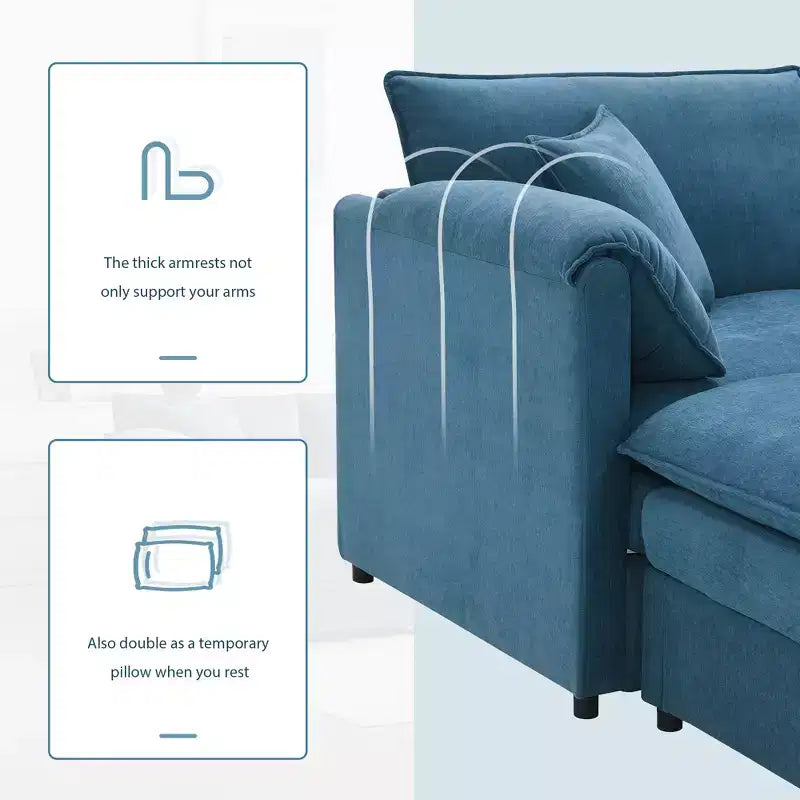 Canapé sectionnel modulaire surdimensionné en chenille Whisen Modern Design, 4 places avec double coussin et poufs mobiles