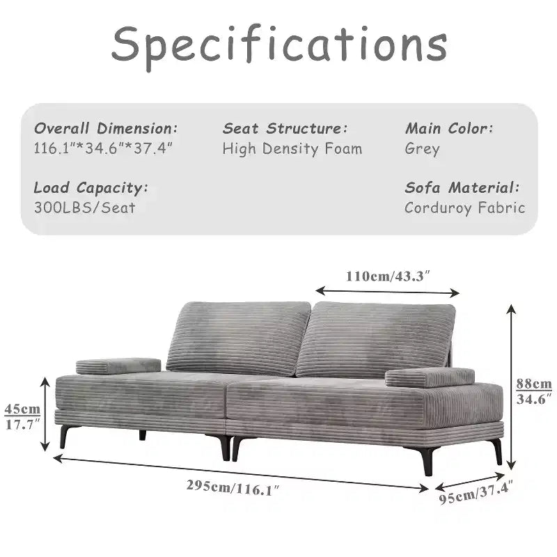 Canapé d'angle ATJafurn 295 cm en velours côtelé gris surdimensionné, 4 places, modulable, sans accoudoirs, avec oreillers amovibles pour le salon