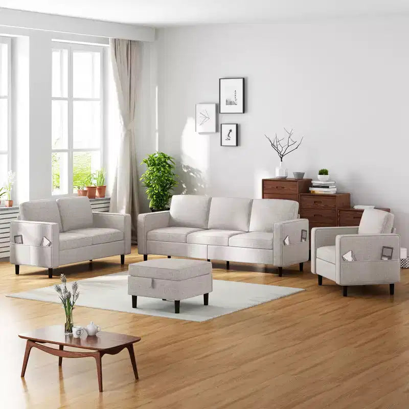 Mjkone Ensemble de canapés modulaires en lin 78, canapé 3 places avec pouf de rangement, causeuse et fauteuil