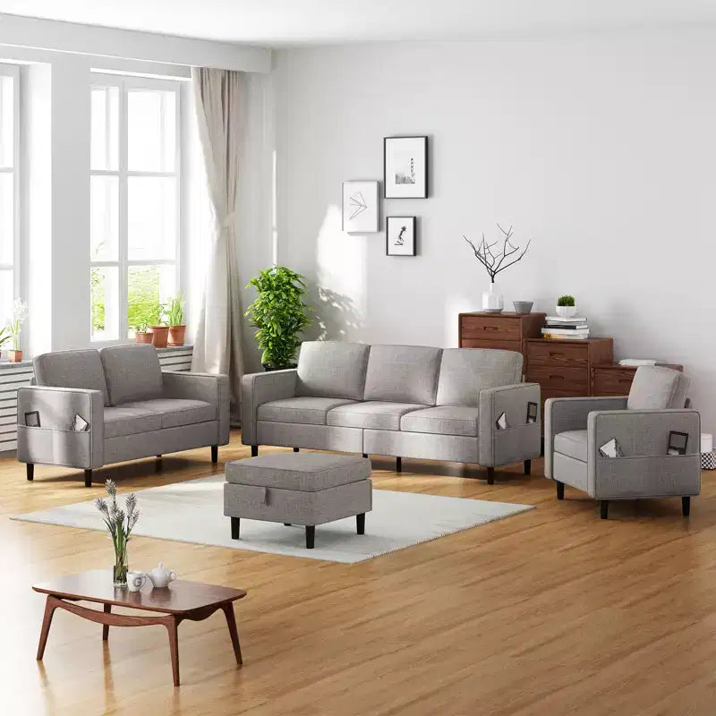 Mjkone Ensemble de canapés modulaires en lin 78, canapé 3 places avec pouf de rangement, causeuse et fauteuil