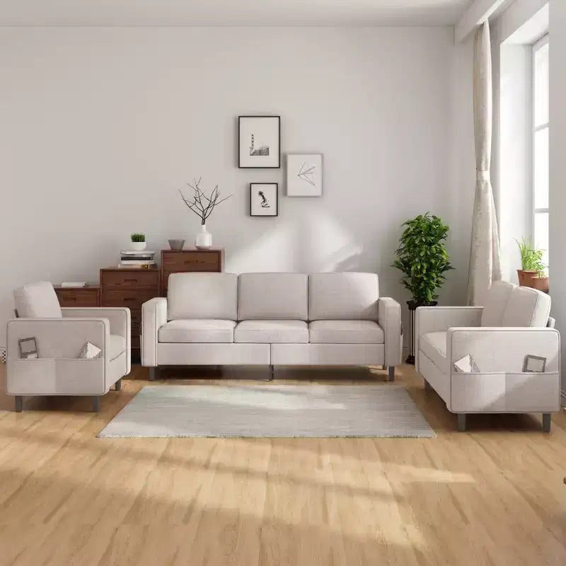 Mjkone Ensemble de canapés modulaires en lin 78, canapé 3 places avec pouf de rangement, causeuse et fauteuil