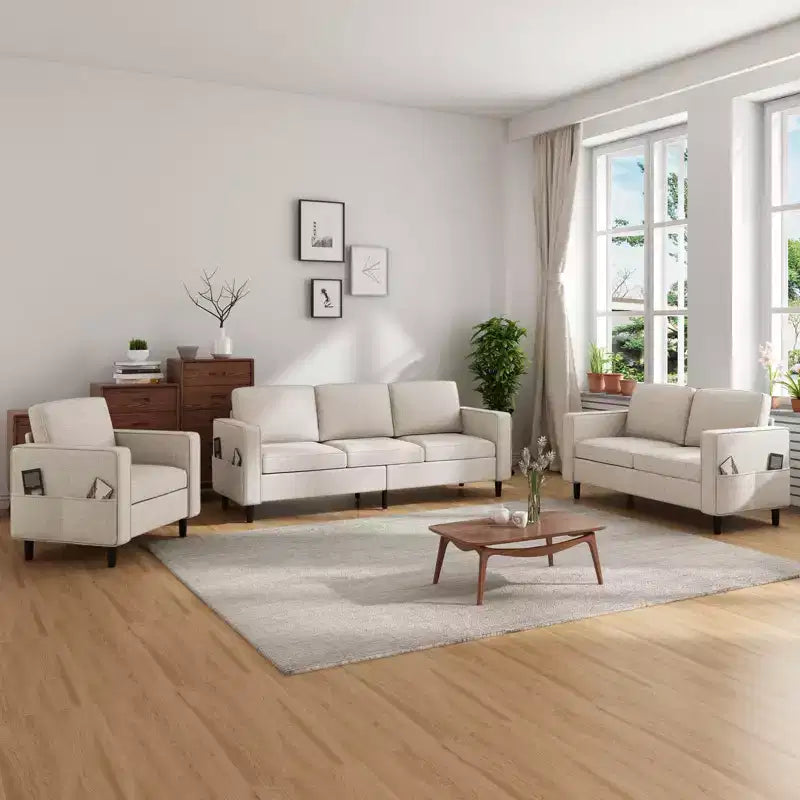 Mjkone Ensemble de canapés modulaires en lin 78, canapé 3 places avec pouf de rangement, causeuse et fauteuil
