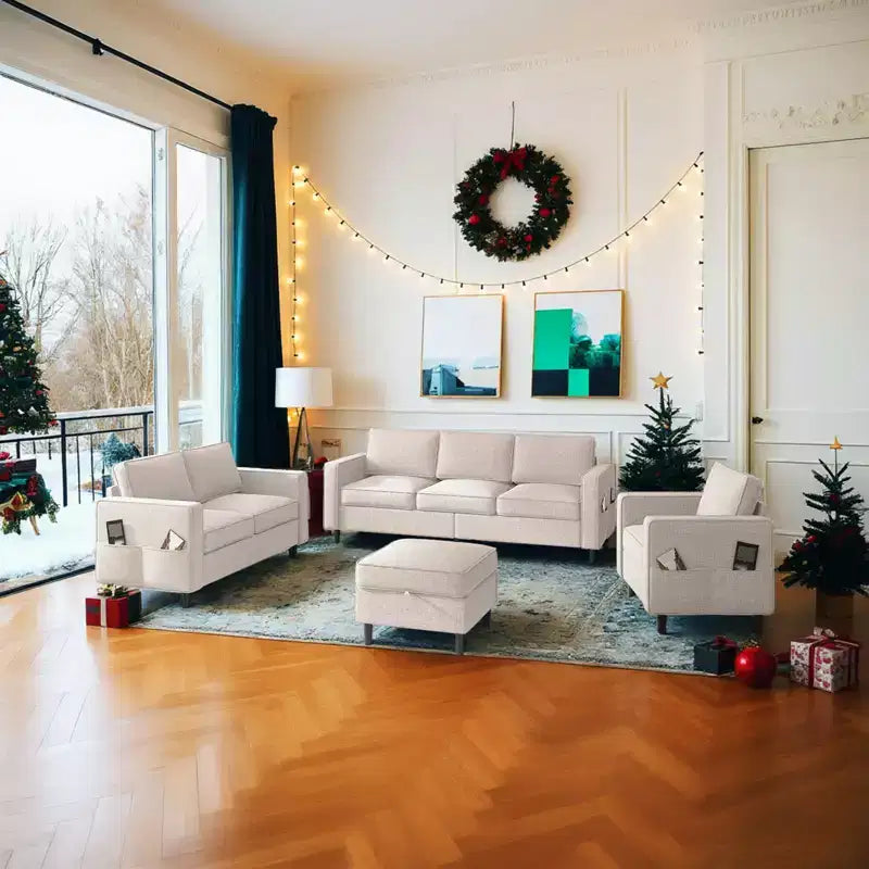 Mjkone Ensemble de canapés modulaires en lin 78, canapé 3 places avec pouf de rangement, causeuse et fauteuil