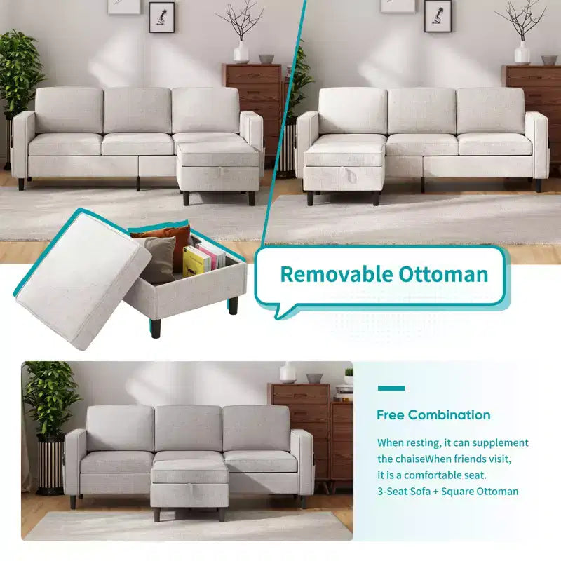 Mjkone Ensemble de canapés modulaires en lin 78, canapé 3 places avec pouf de rangement, causeuse et fauteuil