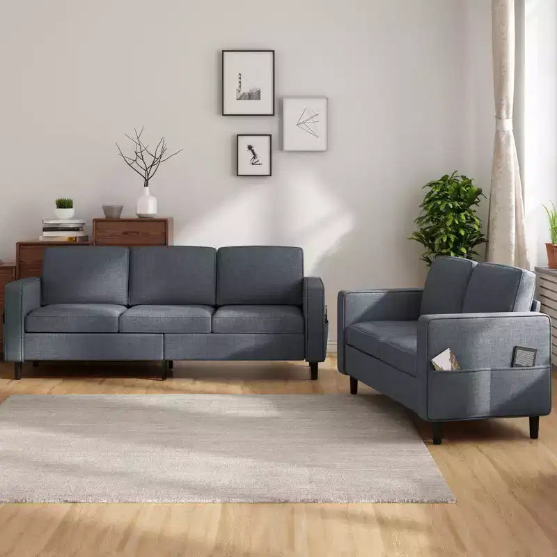 Mjkone Ensemble canapé sectionnel convertible 3 pièces, canapé 3 places et causeuse en lin avec poche latérale, pouf de rangement