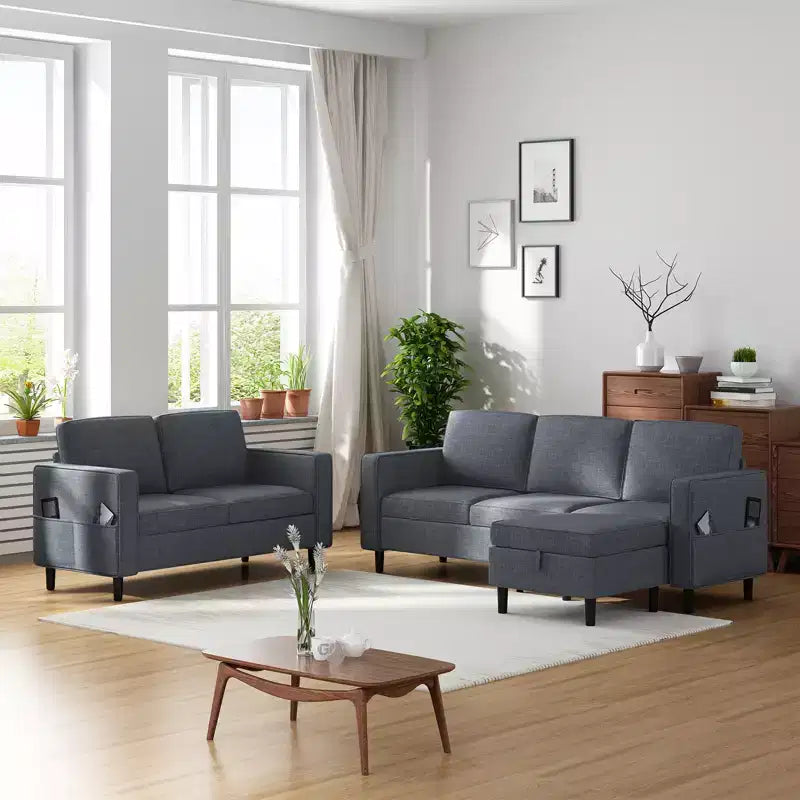 Mjkone Ensemble canapé sectionnel convertible 3 pièces, canapé 3 places et causeuse en lin avec poche latérale, pouf de rangement