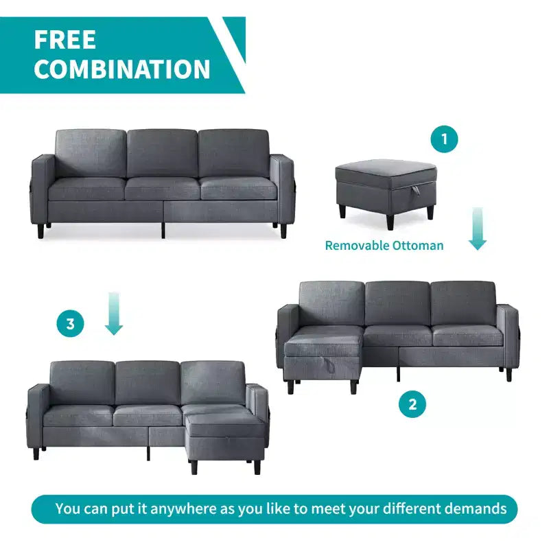 Mjkone Ensemble canapé sectionnel convertible 3 pièces, canapé 3 places et causeuse en lin avec poche latérale, pouf de rangement