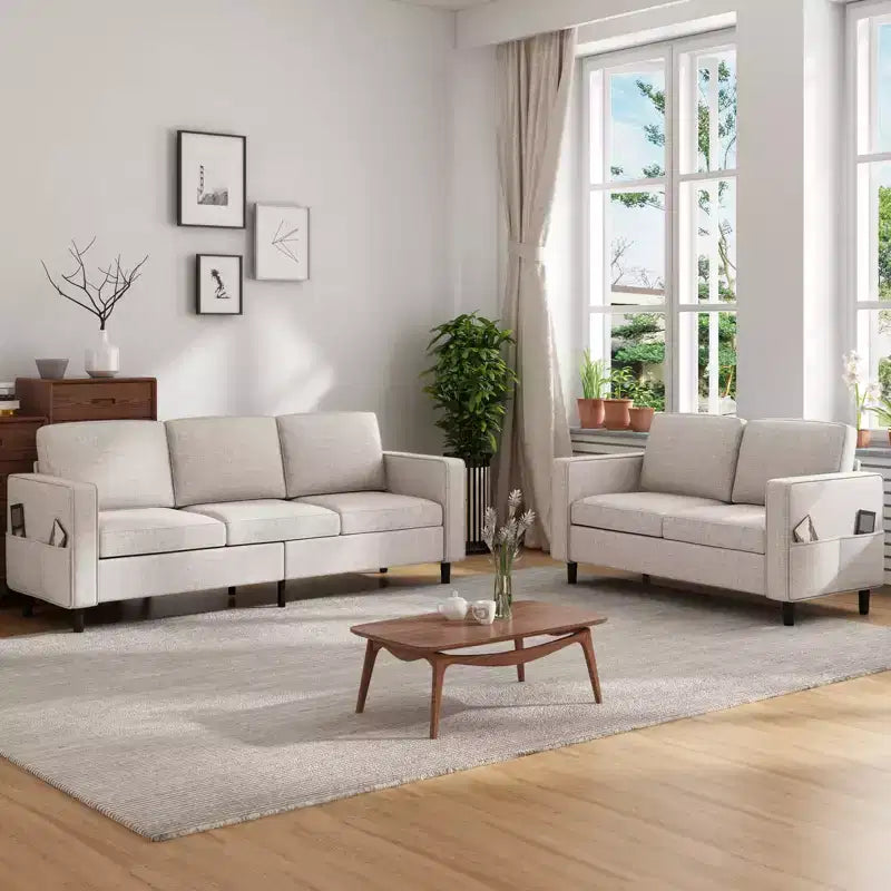 Mjkone Ensemble canapé sectionnel convertible 3 pièces, canapé 3 places et causeuse en lin avec poche latérale, pouf de rangement