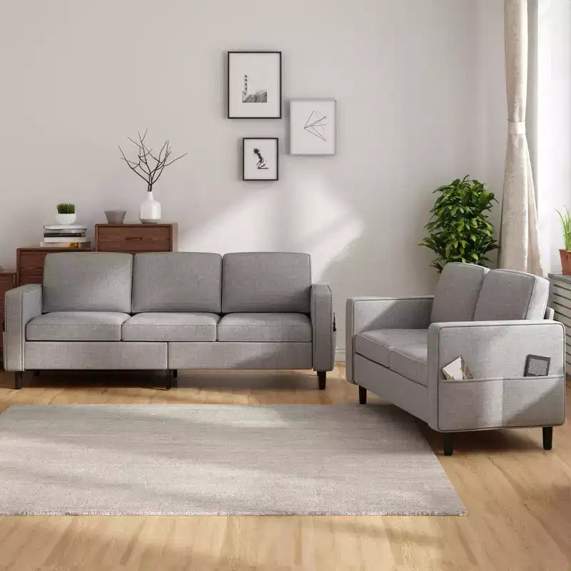 Mjkone Ensemble canapé sectionnel convertible 3 pièces, canapé 3 places et causeuse en lin avec poche latérale, pouf de rangement