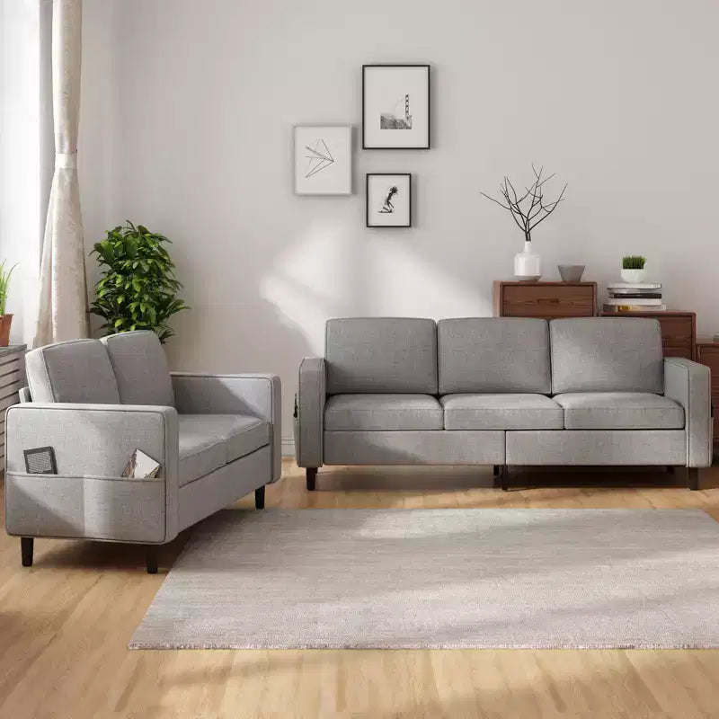 Mjkone Ensemble canapé sectionnel convertible 3 pièces, canapé 3 places et causeuse en lin avec poche latérale, pouf de rangement
