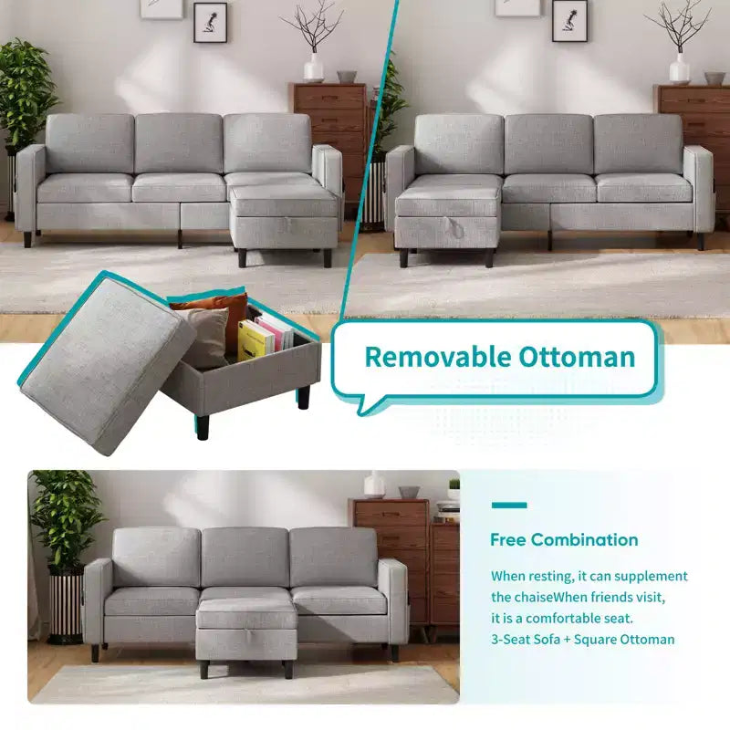 Mjkone Ensemble canapé sectionnel convertible 3 pièces, canapé 3 places et causeuse en lin avec poche latérale, pouf de rangement