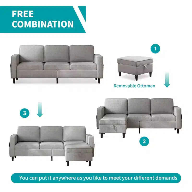 Mjkone Ensemble canapé sectionnel convertible 3 pièces, canapé 3 places et causeuse en lin avec poche latérale, pouf de rangement