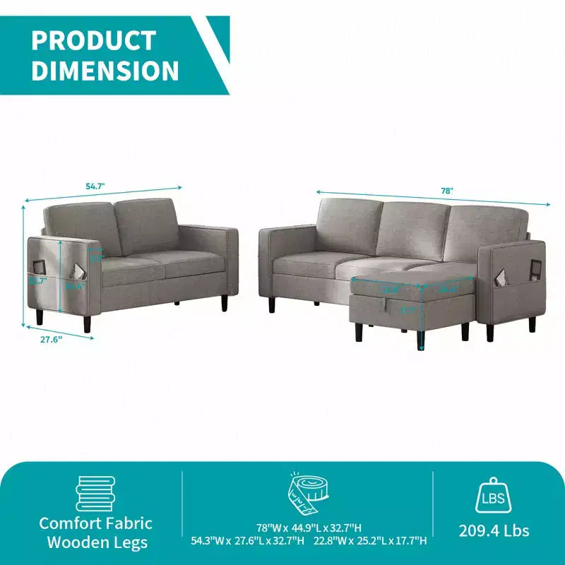Mjkone Ensemble canapé sectionnel convertible 3 pièces, canapé 3 places et causeuse en lin avec poche latérale, pouf de rangement