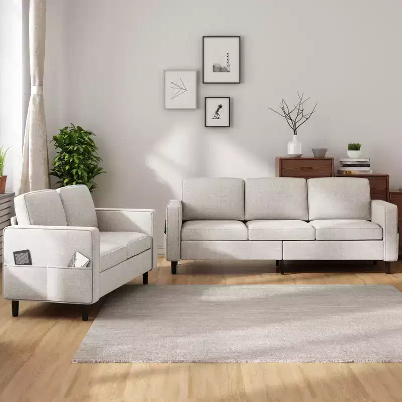 Mjkone Ensemble canapé sectionnel convertible 3 pièces, canapé 3 places et causeuse en lin avec poche latérale, pouf de rangement
