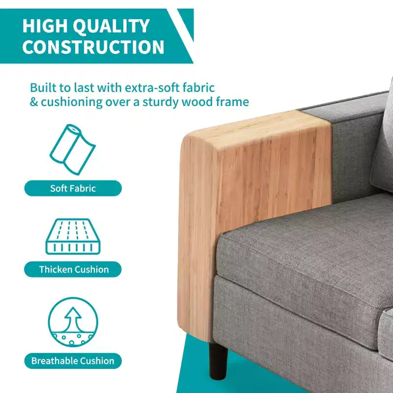 Mjkone Ensemble canapé sectionnel convertible 3 pièces, canapé 3 places et causeuse en lin avec poche latérale, pouf de rangement