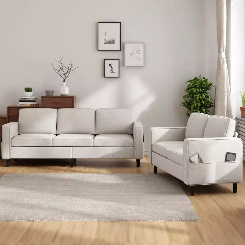 Mjkone Ensemble canapé sectionnel convertible 3 pièces, canapé 3 places et causeuse en lin avec poche latérale, pouf de rangement