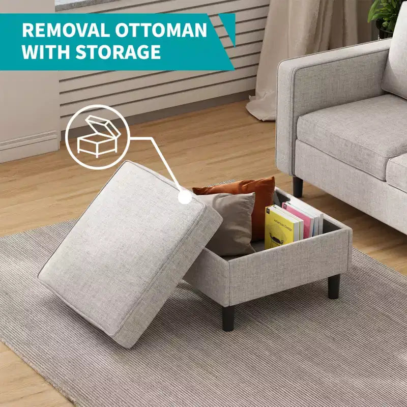 Mjkone Ensemble canapé sectionnel convertible 3 pièces, canapé 3 places et causeuse en lin avec poche latérale, pouf de rangement