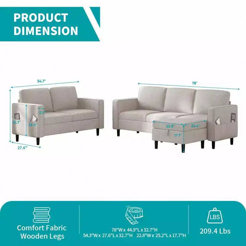 Mjkone Ensemble canapé sectionnel convertible 3 pièces, canapé 3 places et causeuse en lin avec poche latérale, pouf de rangement