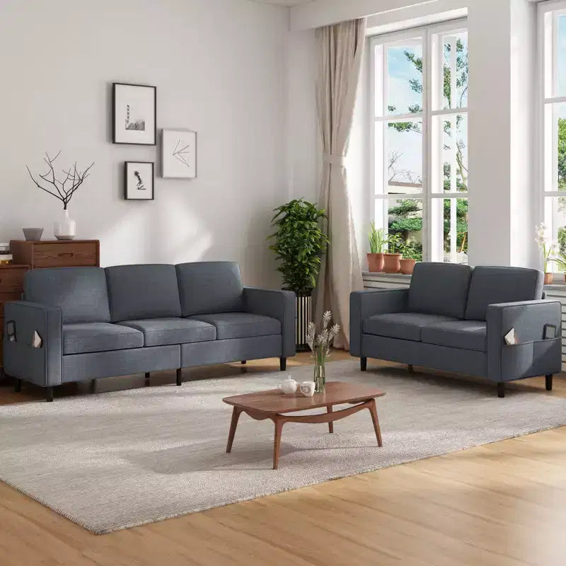 Mjkone Ensemble canapé sectionnel convertible 3 pièces, canapé 3 places et causeuse en lin avec poche latérale, pouf de rangement