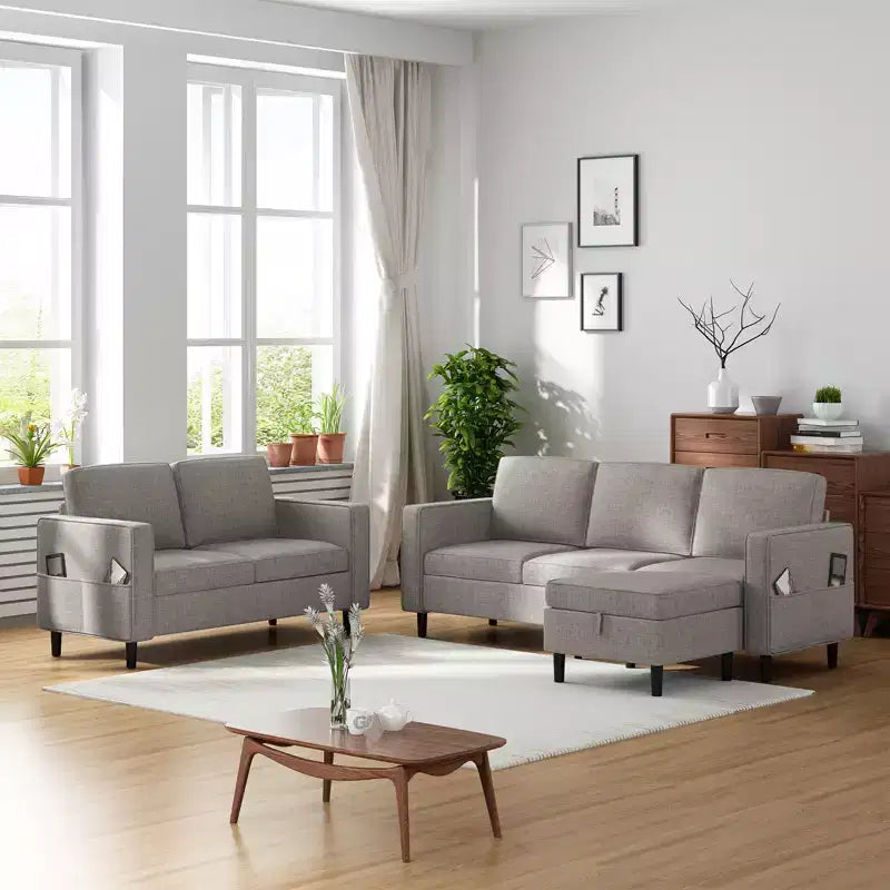 Mjkone Ensemble canapé sectionnel convertible 3 pièces, canapé 3 places et causeuse en lin avec poche latérale, pouf de rangement