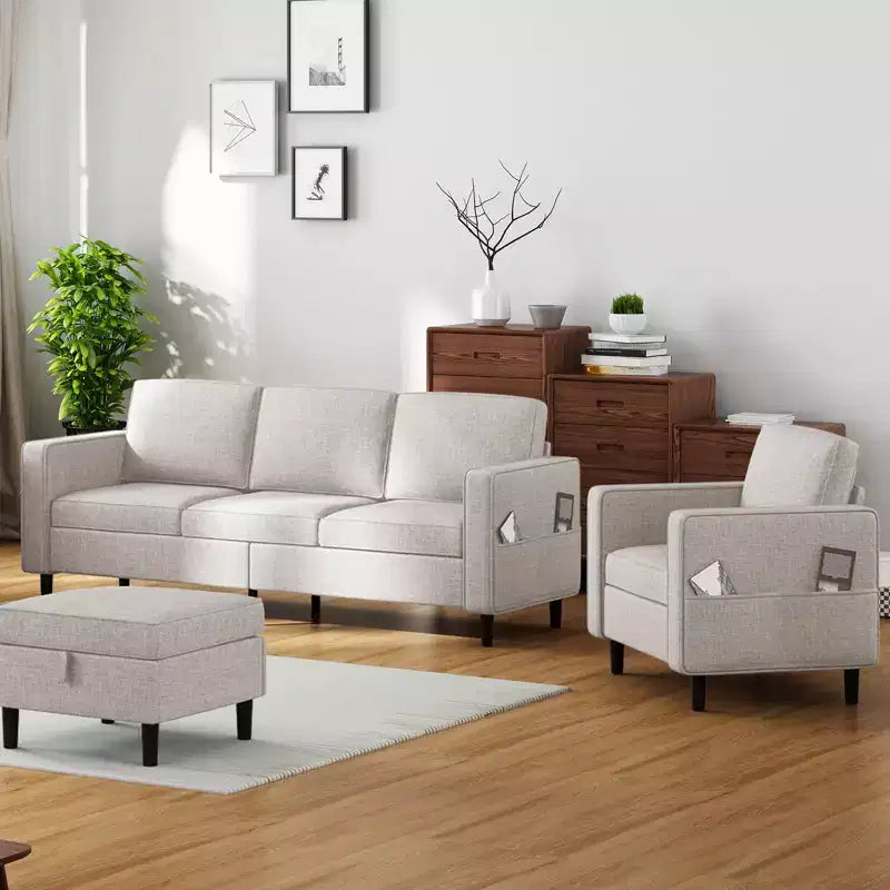 Canapé convertible 3 places en lin Mjkone avec pouf de rangement et fauteuil simple avec poche latérale