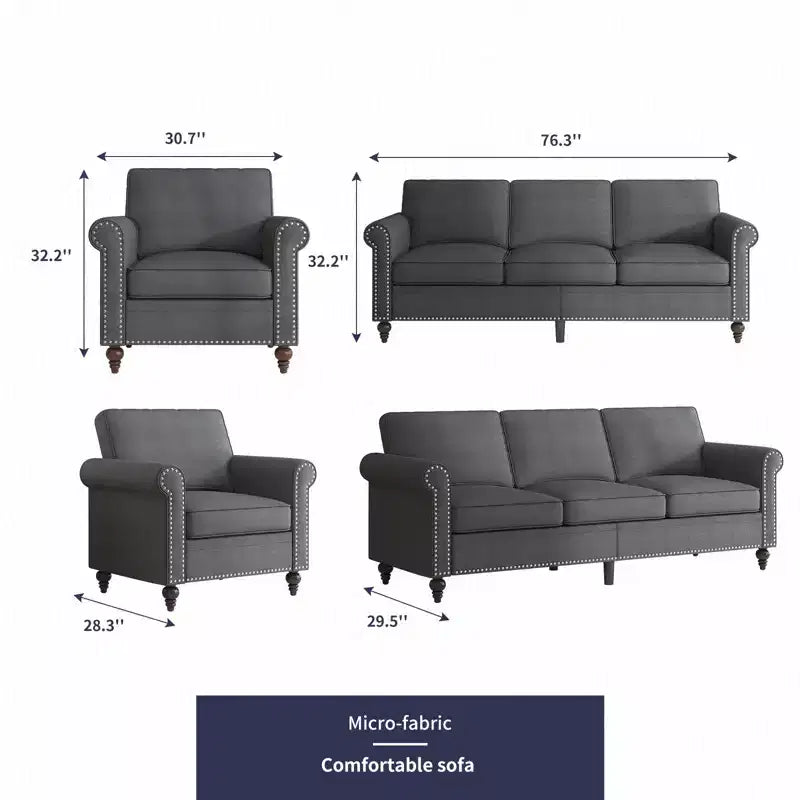 Mjkone Canapé 3 places moderne en tissu lin avec fauteuil simple et rivets pour salon, chambre, appartement, bureau