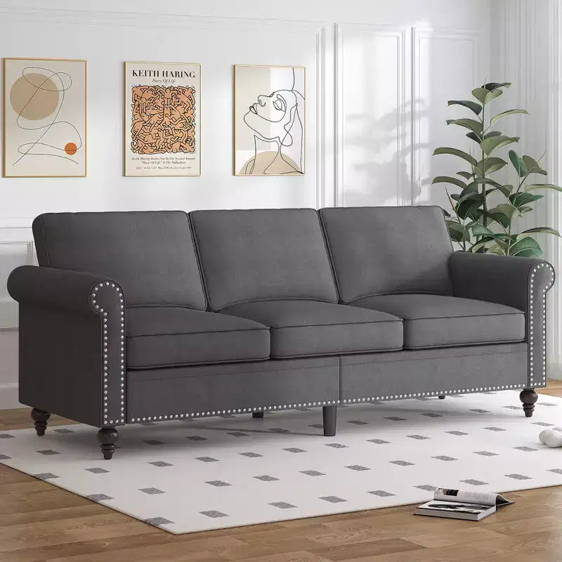 Mjkone Canapé 3 places moderne en tissu lin avec fauteuil simple et rivets pour salon, chambre, appartement, bureau