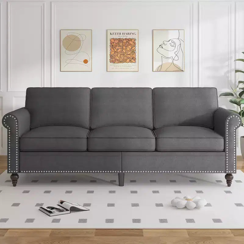 Mjkone Canapé 3 places moderne en tissu lin avec fauteuil simple et rivets pour salon, chambre, appartement, bureau