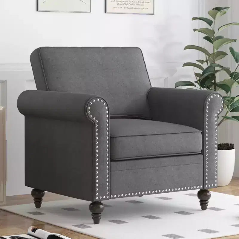 Mjkone Canapé 3 places moderne en tissu lin avec fauteuil simple et rivets pour salon, chambre, appartement, bureau