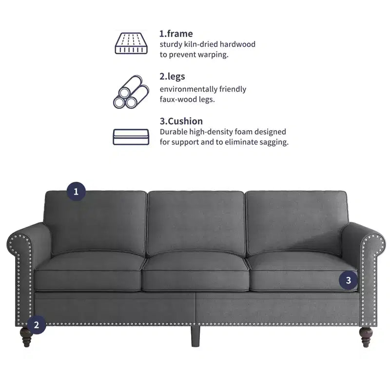 Mjkone Canapé 3 places moderne en tissu lin avec fauteuil simple et rivets pour salon, chambre, appartement, bureau