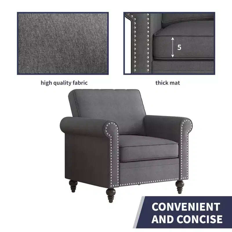 Mjkone Canapé 3 places moderne en tissu lin avec fauteuil simple et rivets pour salon, chambre, appartement, bureau