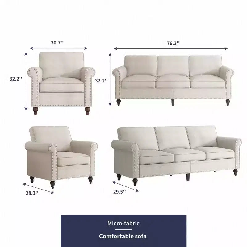 Mjkone Canapé 3 places moderne en tissu lin avec fauteuil simple et rivets pour salon, chambre, appartement, bureau