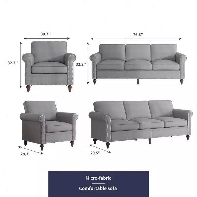 Mjkone Canapé 3 places moderne en tissu lin avec fauteuil simple et rivets pour salon, chambre, appartement, bureau