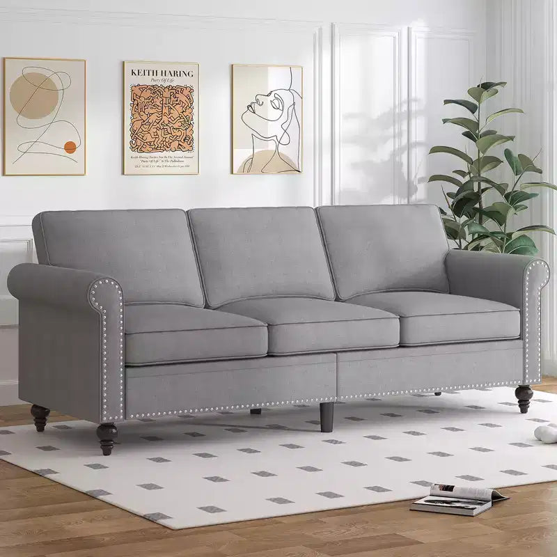 Mjkone Canapé 3 places moderne en tissu lin avec fauteuil simple et rivets pour salon, chambre, appartement, bureau