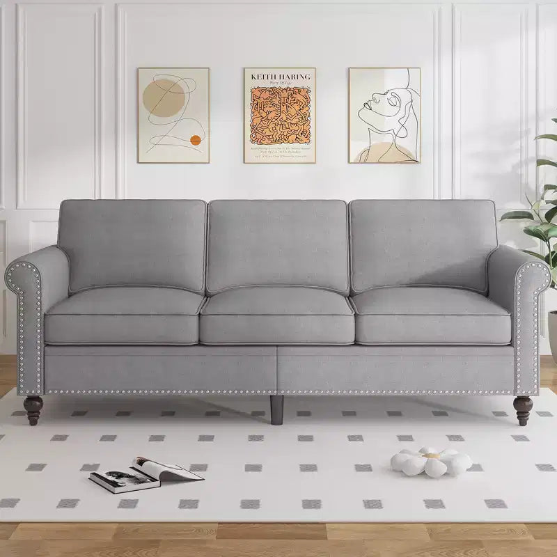 Mjkone Canapé 3 places moderne en tissu lin avec fauteuil simple et rivets pour salon, chambre, appartement, bureau