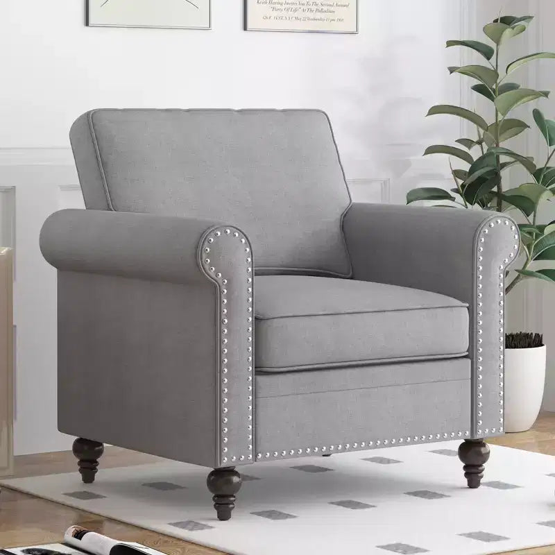 Mjkone Canapé 3 places moderne en tissu lin avec fauteuil simple et rivets pour salon, chambre, appartement, bureau