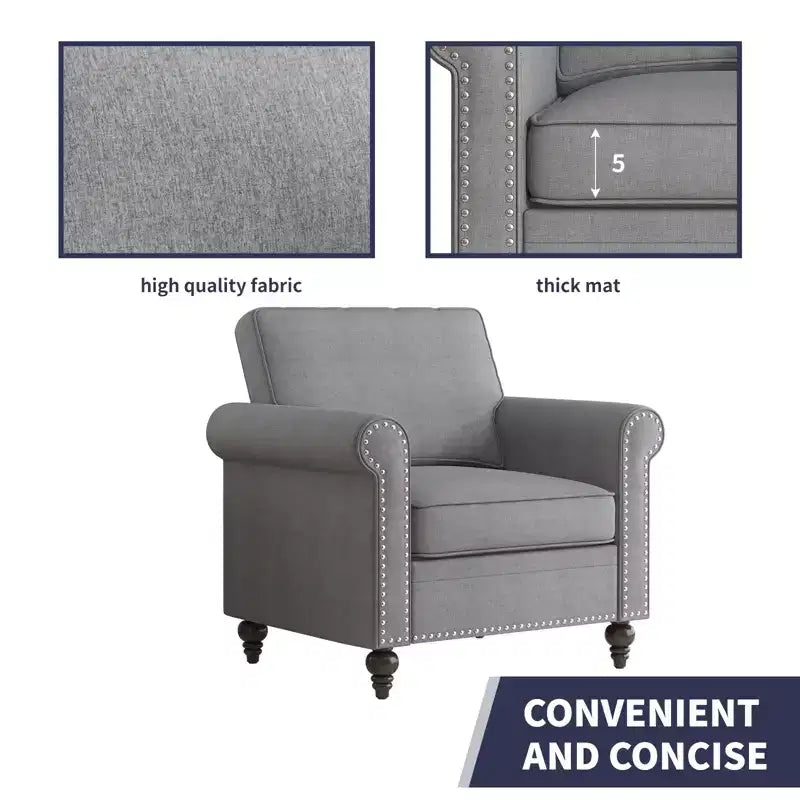 Mjkone Canapé 3 places moderne en tissu lin avec fauteuil simple et rivets pour salon, chambre, appartement, bureau