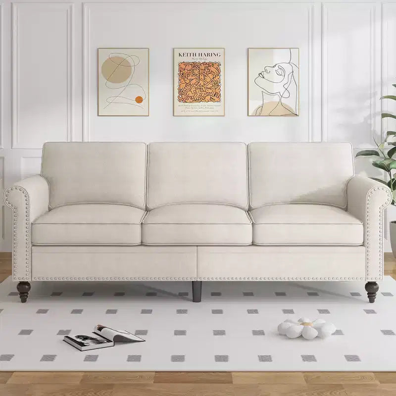 Mjkone Canapé 3 places moderne en tissu lin avec fauteuil simple et rivets pour salon, chambre, appartement, bureau