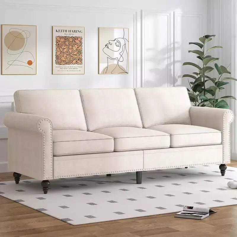 Mjkone Canapé 3 places moderne en tissu lin avec fauteuil simple et rivets pour salon, chambre, appartement, bureau
