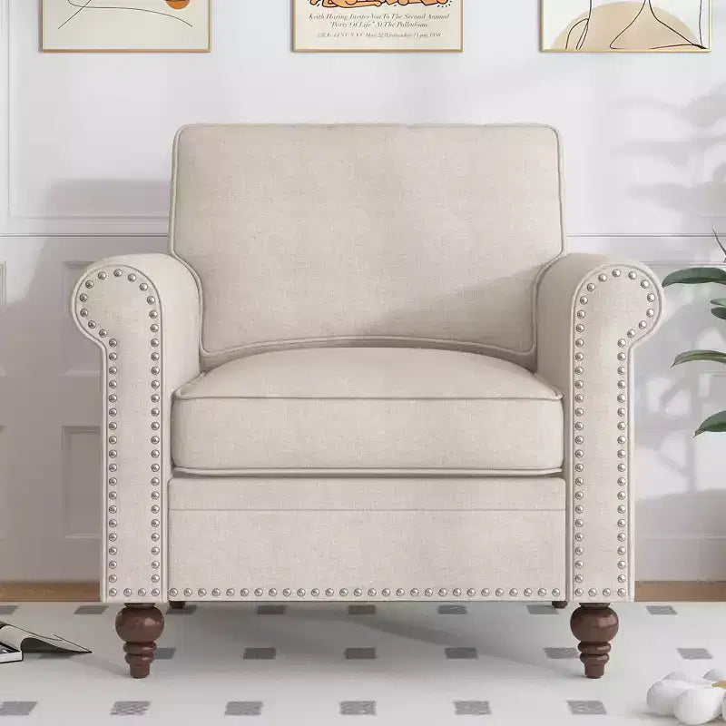 Mjkone Canapé 3 places moderne en tissu lin avec fauteuil simple et rivets pour salon, chambre, appartement, bureau