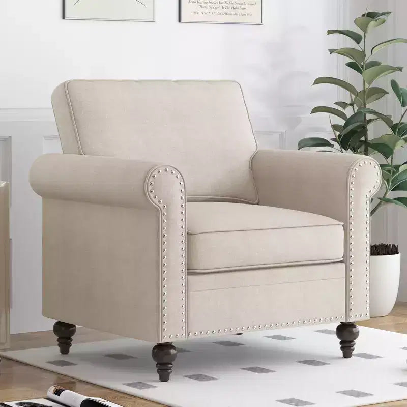 Mjkone Canapé 3 places moderne en tissu lin avec fauteuil simple et rivets pour salon, chambre, appartement, bureau