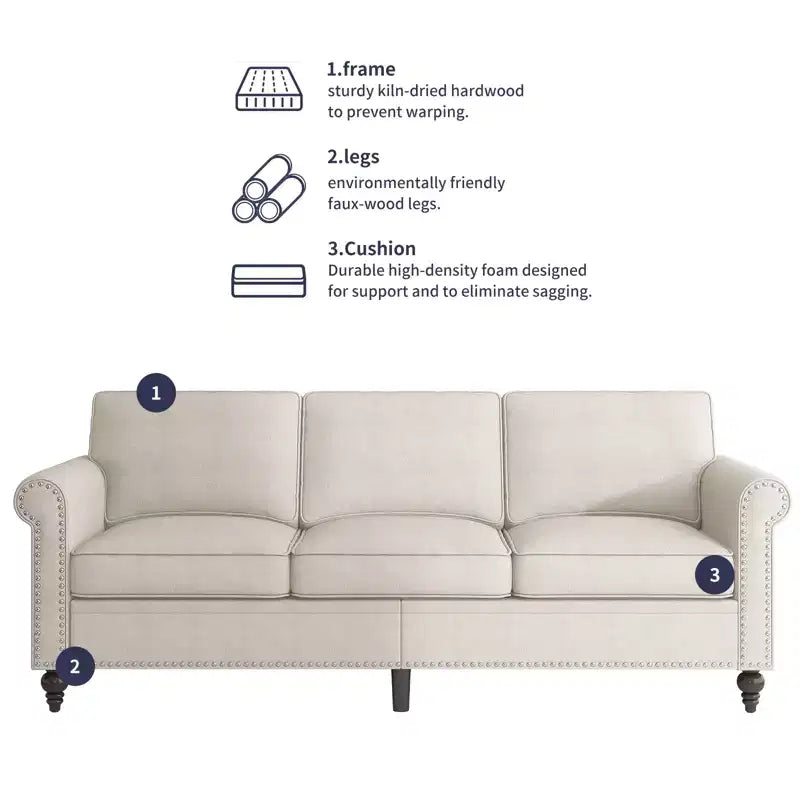 Mjkone Canapé 3 places moderne en tissu lin avec fauteuil simple et rivets pour salon, chambre, appartement, bureau