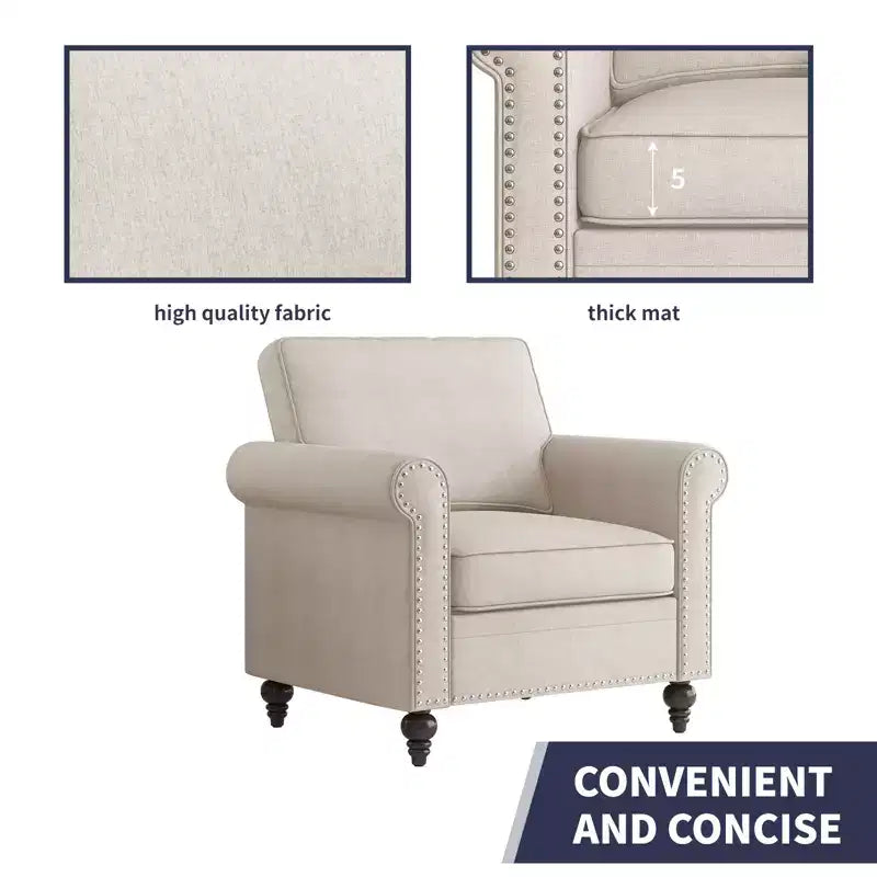 Mjkone Canapé 3 places moderne en tissu lin avec fauteuil simple et rivets pour salon, chambre, appartement, bureau